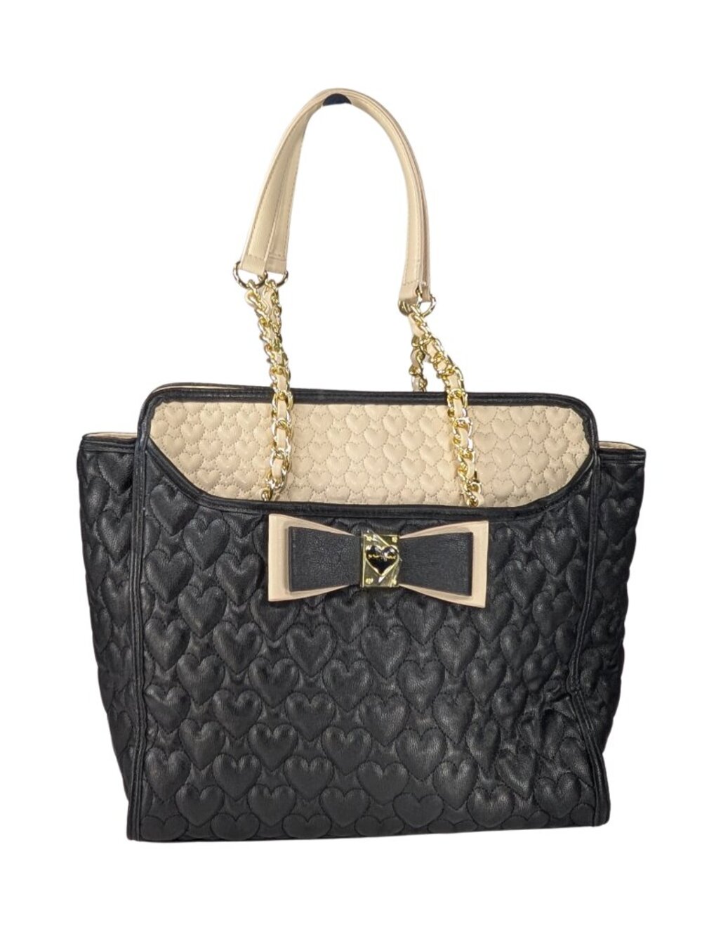 Betsey Johnson NWT Be My Honey Bun Black Cream Faux Leather Love Heart Tote